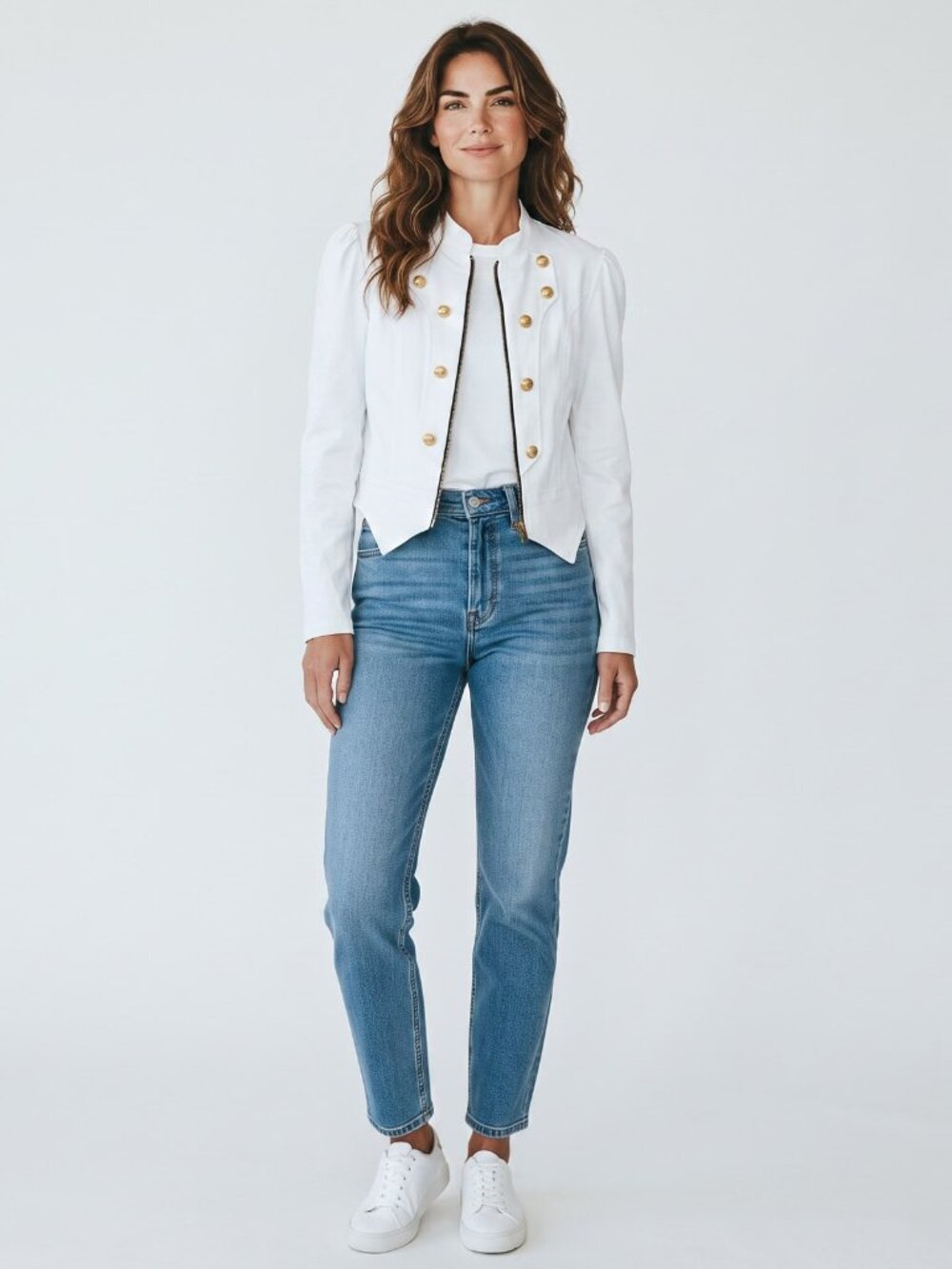White Cropped Military Band Jacket Gold Buttons Zip Front